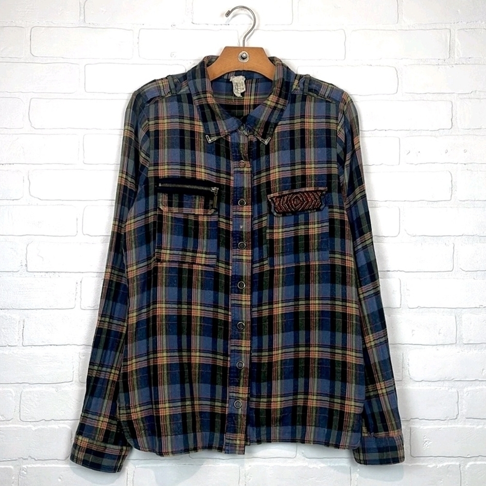 Gimmicks by BKE Blue Plaid Button Down Shirt With Knitted Back!
